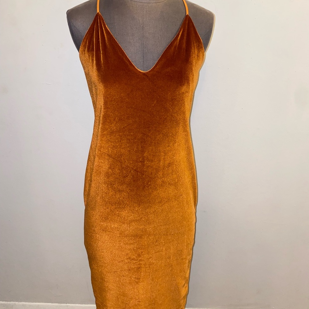 Women’s v neck orange velvet midi dress, size 10